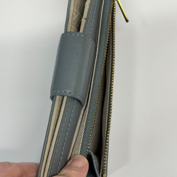 Fossil Wallet Bi-Fold Snap Gray Tan Leather Snap Zip Neutral Lightweight - Picture 5 of 13